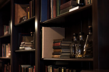books in library in a cabinet