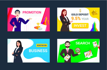 Vector presentations, banners or sliders for website. Set for Business, Search, Promotion, Deposit or Invest concepts. Modern style.