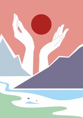 Mountains, trees, plants, sun, sea, boat. Hands creating. Cool Backgrounds. Paper cut style. Hands showing the symbol of creation and creativity.