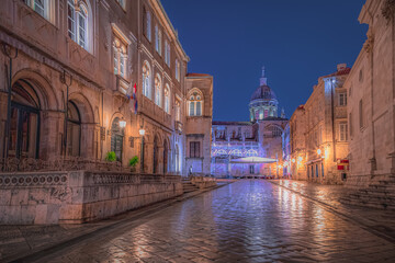 Fototapeta na wymiar Empty old town cobblestone streets of historic Dubrovnik, Croatia at night.