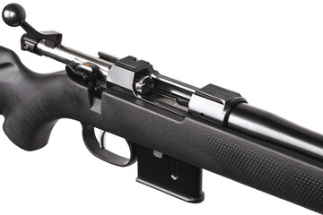 Modern bolt carbine isolated on white background.Weapon with mechanical sights for hunting and...