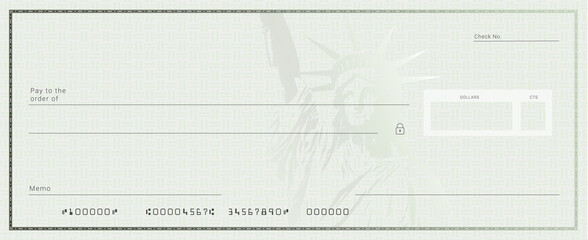 Blank stimulus bank check template. Fake checkbook mockup.
