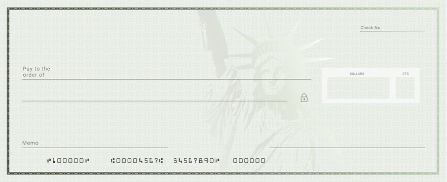 Blank stimulus bank check template. Fake checkbook mockup.