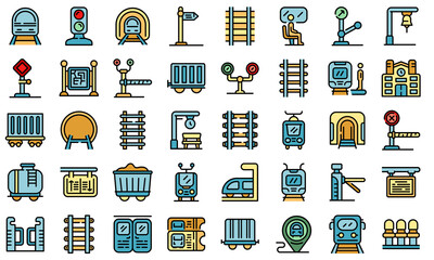 Railway platform icons set. Outline set of railway platform vector icons thin line color flat on white