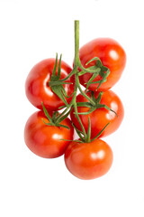 a brush of five large tomatoes on a white background. Studio photo, isolate, tomatoes, washed