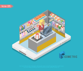 Flat 3d isometric online store e-commerce web infographic concept vector. Internet sale shopping cart, payment, checkout, gift box. Hand hold credit card stick from tablet, paper bag from computer.