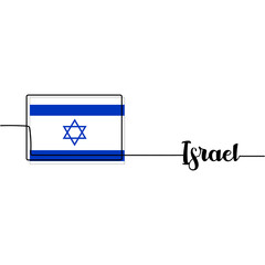 Vector illustration. Continuous one line drawing of the Israel flag.Flag of the Israel and lettering Israel