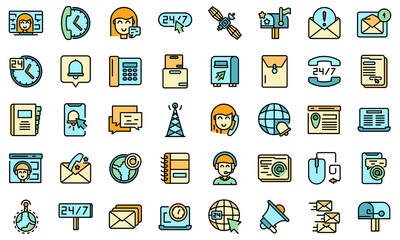 Contact us icons set. Outline set of contact us vector icons thin line color flat on white