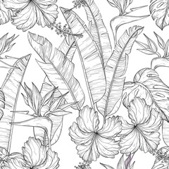 Seamless pattern with Tropical palm leaves and hibiscus, bird of paradise flowers, jungle plants. Black and white