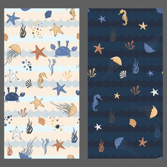 Set of Marine baby seamless pattern with cute marine life