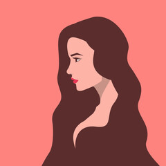 Portrait of a beautiful girl. A woman's face in profile. Illustration for Women's Day. Female avatar for social networks. Colorful vector illustration in a flat style. The concept of femininity.