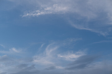 Summer blue sky with small clouds before sunset.