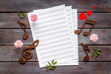 Valentines day music with notes and flowers. Songs of love