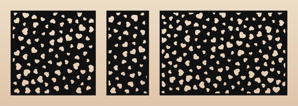 Laser cut pattern with hearts. Vector template with scattered small heart shapes. Valentines day design. Decorative panel for laser cutting of wood, metal, paper, plastic. Aspect ratio 1:1, 1:2, 3:2