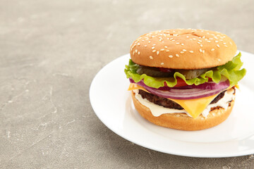 Burger in a white plate on grey table.