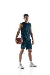Achievements. Young arabian muscular basketball player posing confident isolated on white...