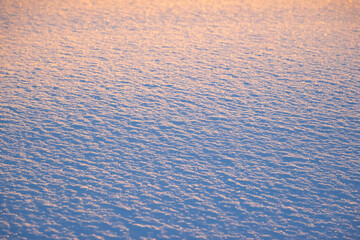 Fresh snow texture at sunset. Smooth powder background. Nobody