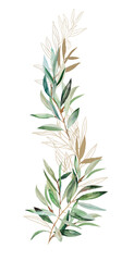 Fototapeta premium Watercolor green and golden Olive branches illustration