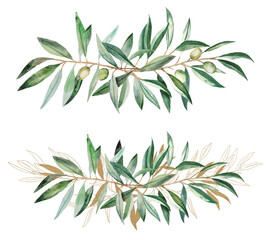 Watercolor green and golden Olive branches illustration