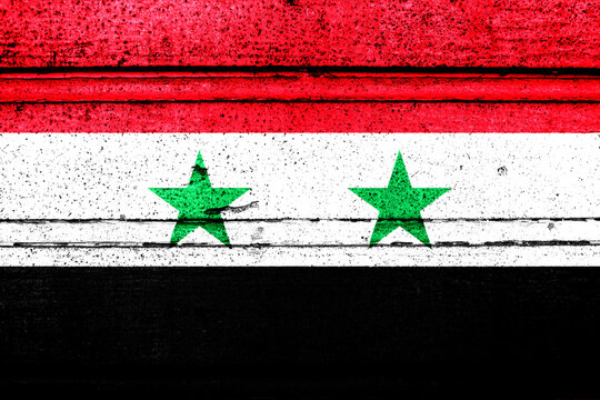 National flag of Syria, abbreviated with sy; a realistic 3d image of the national symbol from an independent country painted on a wooden wall