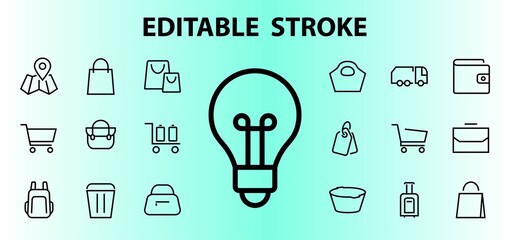 Simple set of bags, shopping and travel icons. Vector illustration Contains icons such as Card, wallet, shopping basket, discount, bowl, package. On a white background, editable stroke