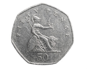 50 pence coin on a white isolated background