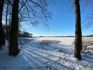 Fototapeta na wymiar Clay tongue covered with snow near Włodawa Poland snow rushes sunny day blue sky 