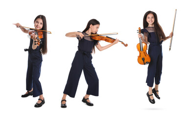 Obraz premium Collage with photos of preteen girl playing violin on white background