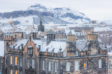 A view from Edinburgh Castle of the old town with Arthur's Seat in the background on a December...