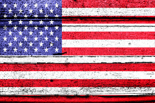 National flag of United States, abbreviated with us; a realistic 3d image of the national symbol from an independent country painted on a wooden wall