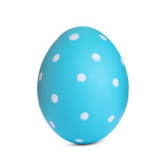 Fototapeta na wymiar Painted light blue egg with dot pattern isolated on white. Happy Easter