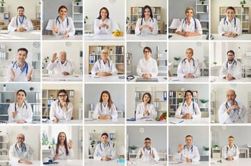 Lots of different medical workers' webcam portraits. Happy smiling multiethnic doctors waving hand,...