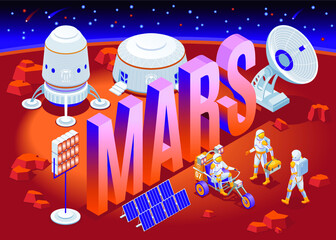 Mars colonization and isometric word Mars isometric icons on isolated background