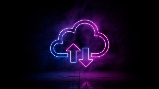 Pink and blue neon light cloud icon. Vibrant colored data storage technology symbol, isolated on a black background. 3D Render 