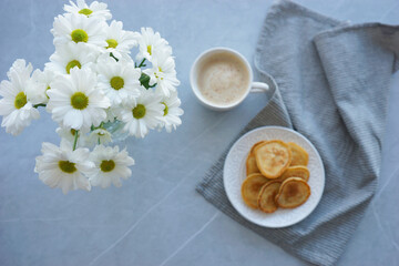 Breakfast with pancakes and coffee
