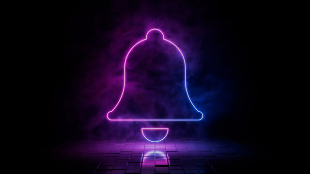 Pink and blue neon light bell icon. Vibrant colored alert technology symbol, isolated on a black background. 3D Render 