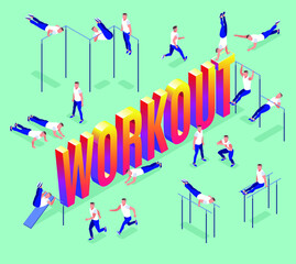 Workout boy and isometric word Workout . Fitness exercise in the gym and outdoors. People on the parallel bars and horizontal bar. Healthy and active lifestyle. Isometric icons on isolated background