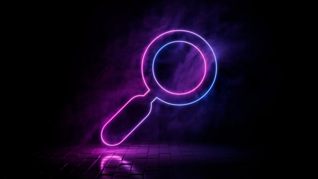 Pink and blue neon light search icon. Vibrant colored magnifier technology symbol, isolated on a black background. 3D Render 