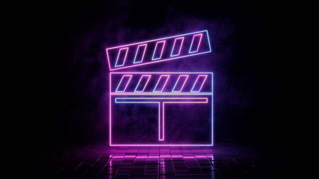 Pink and blue neon light movie icon. Vibrant colored entertainment technology symbol, isolated on a black background. 3D Render 