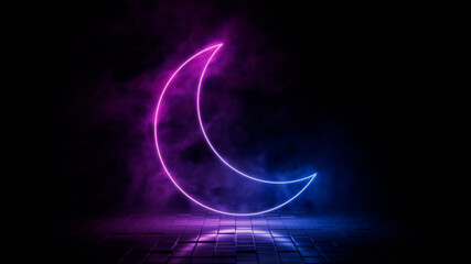 Pink and blue neon light moon icon. Vibrant colored night mode technology symbol, isolated on a black background. 3D Render 