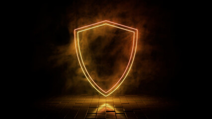 Orange and yellow neon light shield icon. Vibrant colored technology symbol, isolated on a black background. 3D Render 