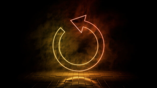 Orange and yellow neon light refresh icon. Vibrant colored technology symbol, isolated on a black background. 3D Render 