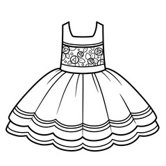Elegant dress with a fluffy skirt and an ornament of roses on the bodicet outline for coloring on a white background