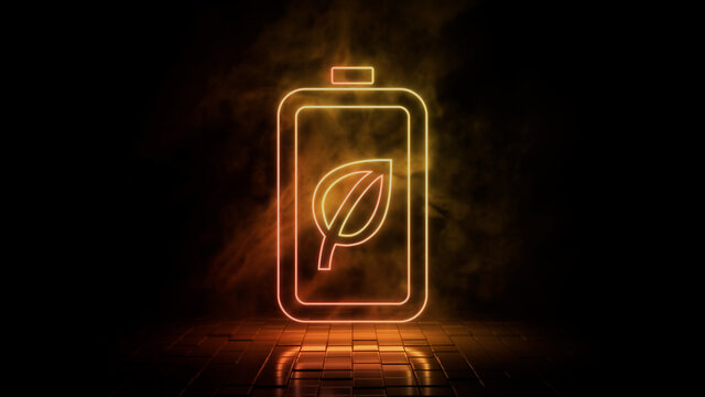Orange and yellow neon light energy icon. Vibrant colored technology symbol, isolated on a black background. 3D Render 