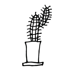 House plant cactus hand-drawn in doodle style. Stylized vector black and white sketch illustration for logos, emblems, cute designs, prints for clothing and cozy interior decor.