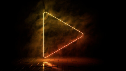Orange and yellow neon light play icon. Vibrant colored technology symbol, isolated on a black background. 3D Render 