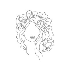 Woman Head with Flowers One Line Drawing. Continuous Line Woman and Flowers. Abstract Contemporary Design Template for Covers, t-Shirt Print, Postcard, Banner etc. Vector EPS 10.