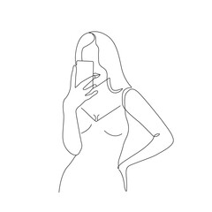 Continuous Line Drawing of Woman with Phone, Fashion Minimalist Concept, Woman Beauty Drawing, Vector Illustration. Good for Prints, T-shirt, Banners, Slogan Design Modern Graphics Style