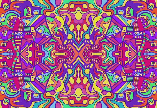 Fantastic colorful cartoon psychedelic doodle style background with manny crazy ornamental bright patterns.
