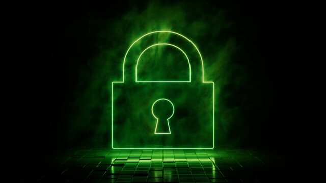 Green neon light lock icon. Vibrant colored technology symbol, isolated on a black background. 3D Render 